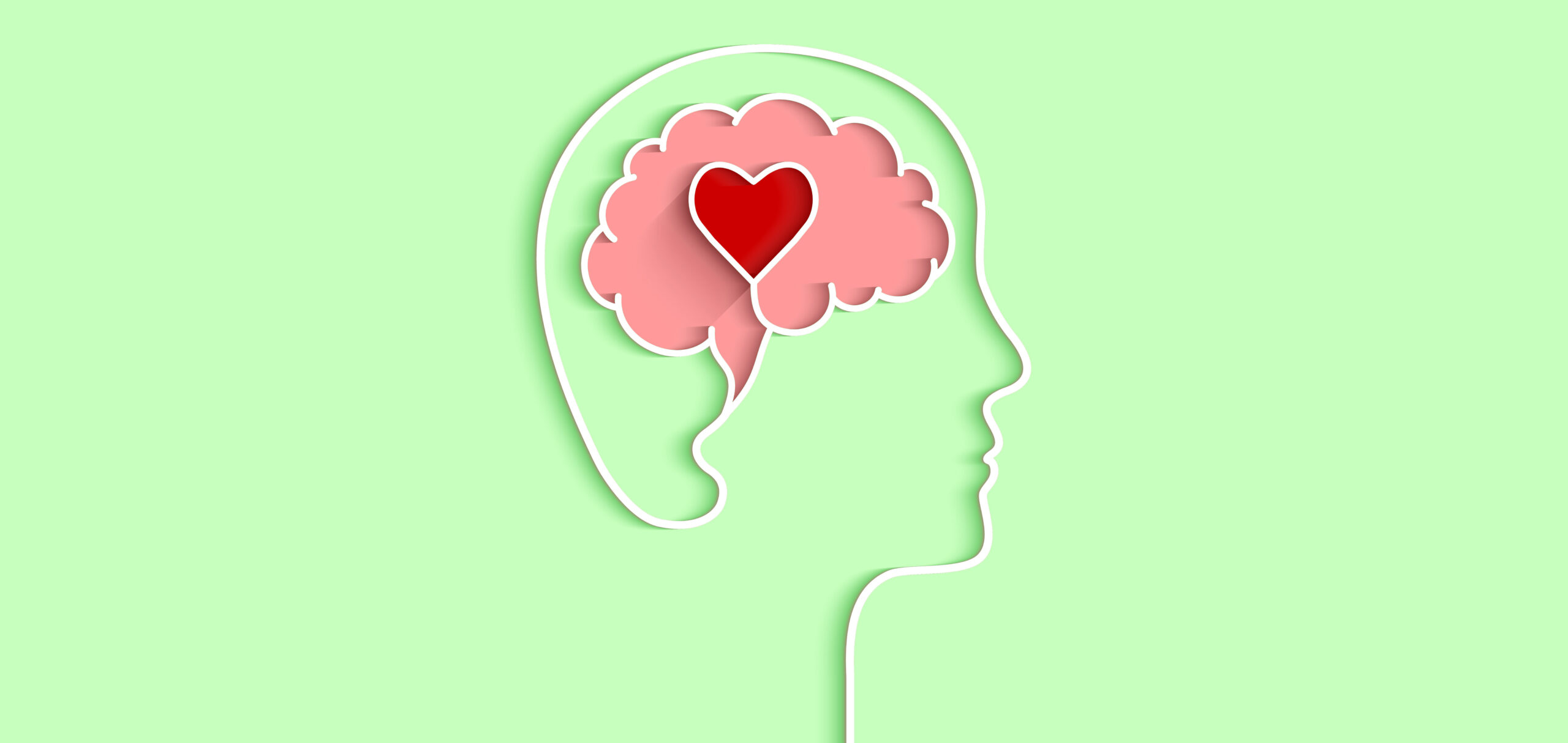 Head and brain outline with heart concept. Vector illustration in flat design with shadow on light green background.