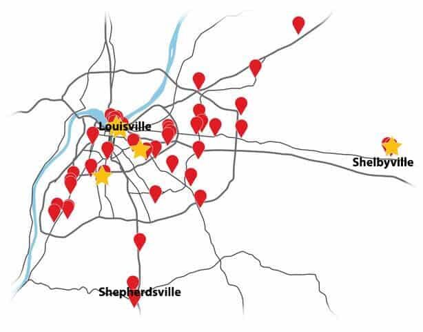 A static map of the Louisville area with pins that show various locations