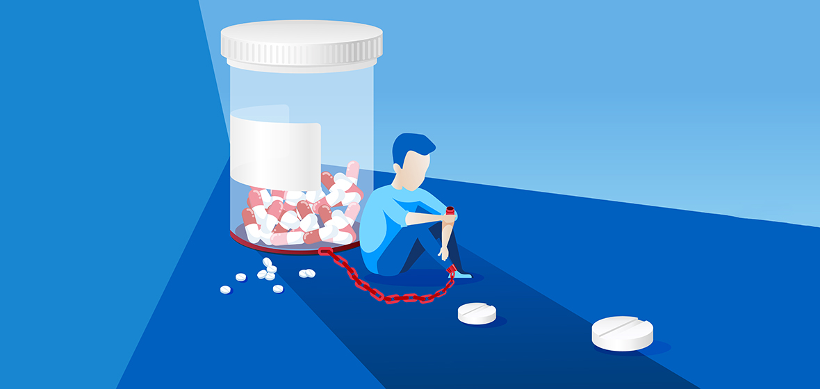 Sick man with painkiller addiction chained to the bottle of pills