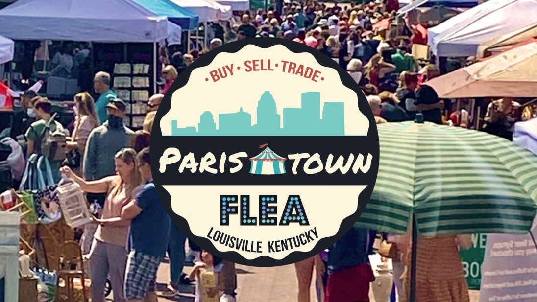 Paristown Flea logo in foreground. Outdoor flea market booths in background.