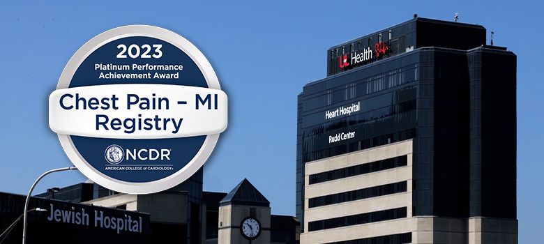 Exterior shot of UofL Health – Heart Hospital. The American College of Cardiology’s NCDR Chest Pain ̶ MI Registry Platinum Performance Achievement Award seal appears on lefthand side of image to designate the facility is among the nation's top-performing hospitals for treatment of heart attack patients.