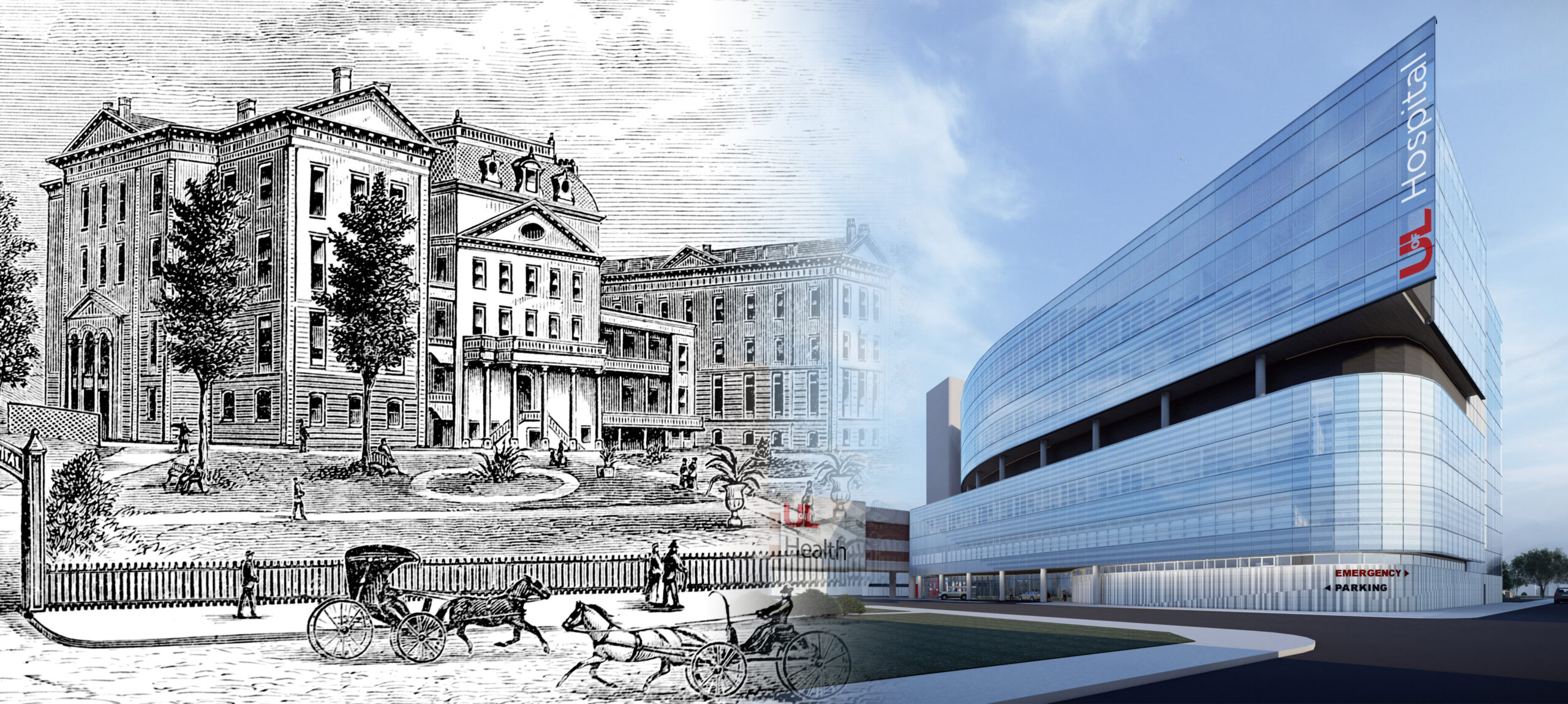 Side by side of Louisville Marine Hospital (1823) and the UofL Hospital West Tower renderings