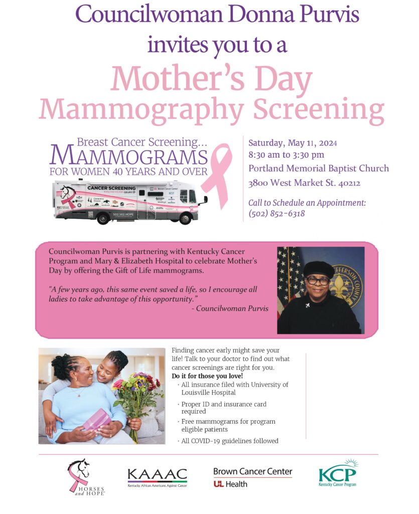 Mobile Mammogram Screening at Portland Memorial Baptist Church Councilwoman Purvis-Mother's Day Screening flyer May 11, 2024