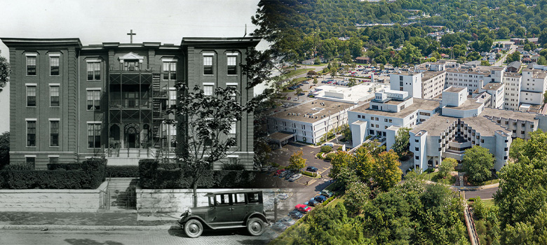 Exteriors shots UofL Health – Mary & Elizabeth Hospital. On the left, a black-and-white photo from 1919 fades into an aerial shot of the modern-day hospital campus.