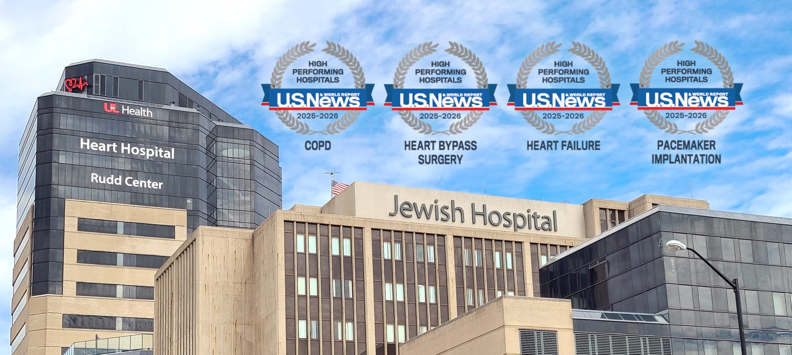 Exterior view of UofL Health – Jewish Hospital with visible U.S. News high performing hospital badges for COPD, heart bypass, heart failure, and pacemaker implantation. Signs for 