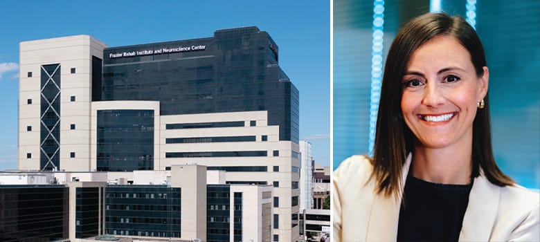Exterior view of UofL Health – Frazier Rehabilitation Institute under a clear sky and a portrait of facility president Miranda Garvin.